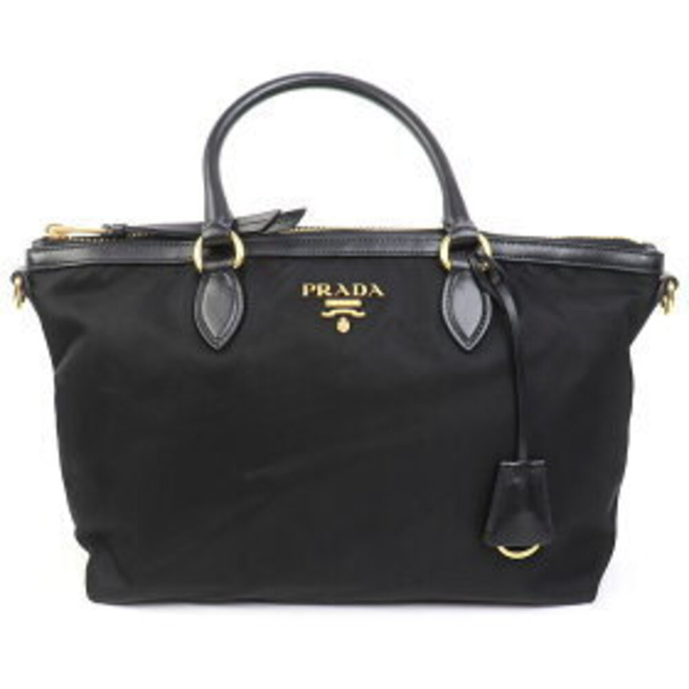 Prada Tessuto Metal Handle Leather Top Black Saffiano Logo Shoulder Bag